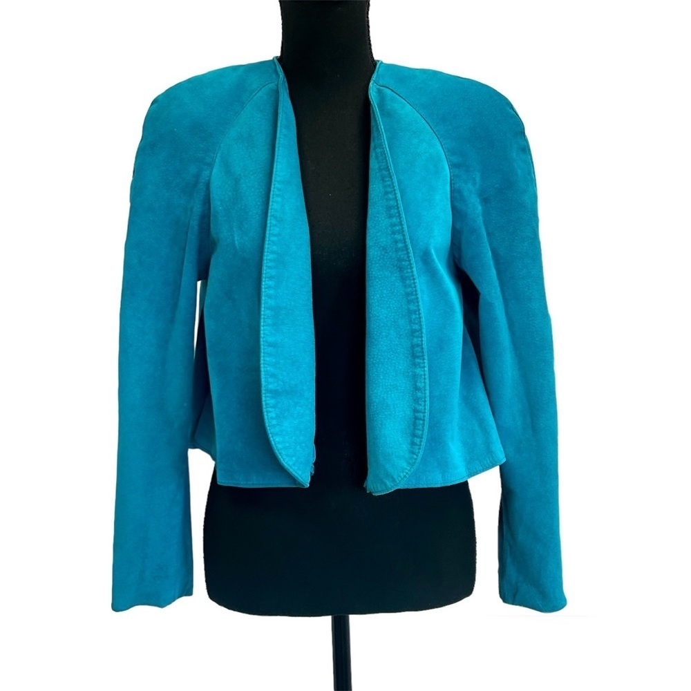 Danier leather blue suede vintage retro open front blazer jacket Sz XS